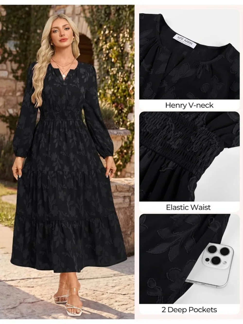 Women's Black Long Sleeve V Neck Elastic Waist A Line Imported Maxi Dress - Picture 5 of 6